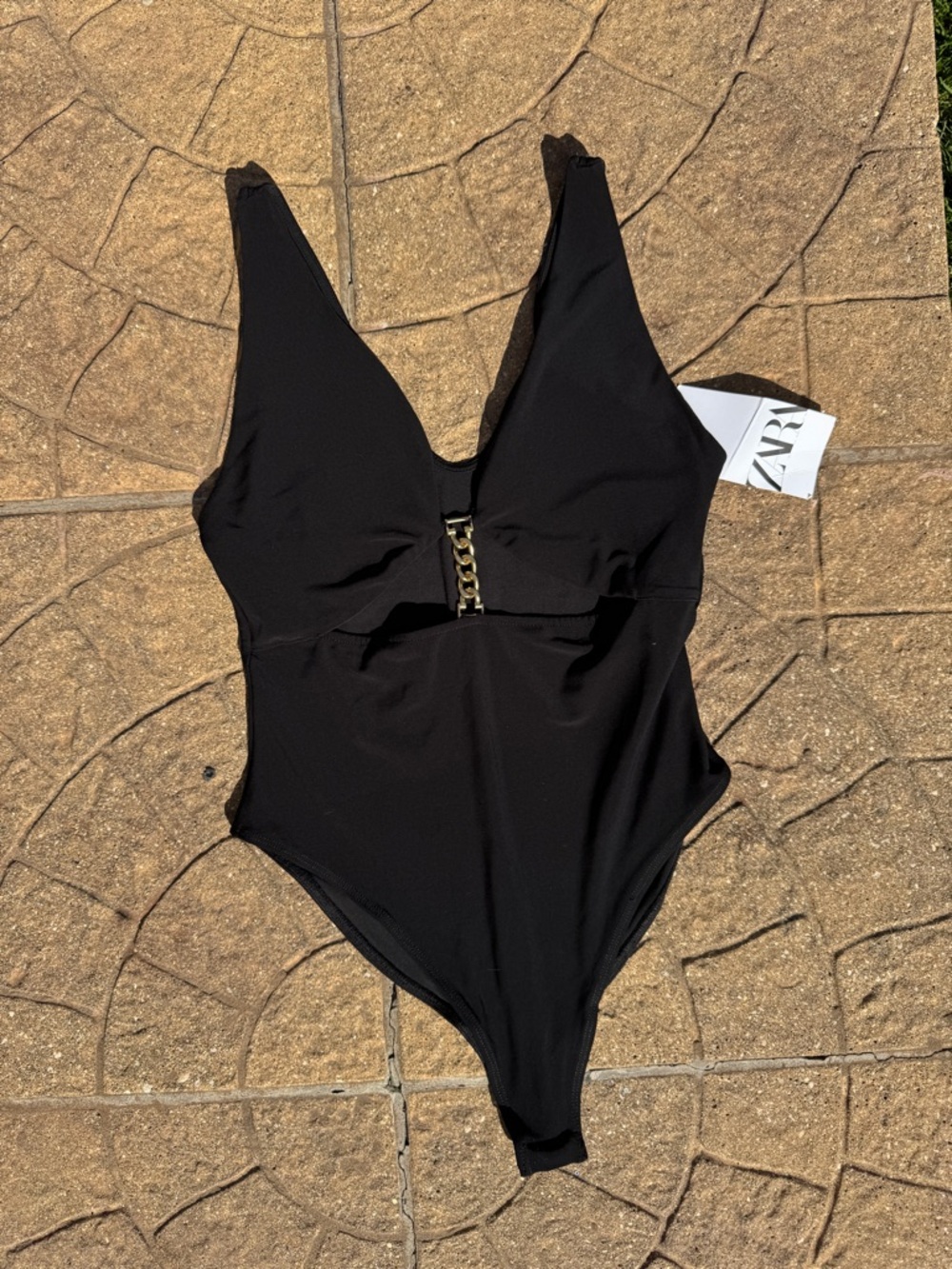 Zara Black Bodysuit with Gold Chain Accent